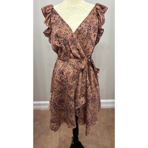 Express Pink Purple Print Metallic Faux Wrap Ruffle Detail Mini‎ Dress Medium